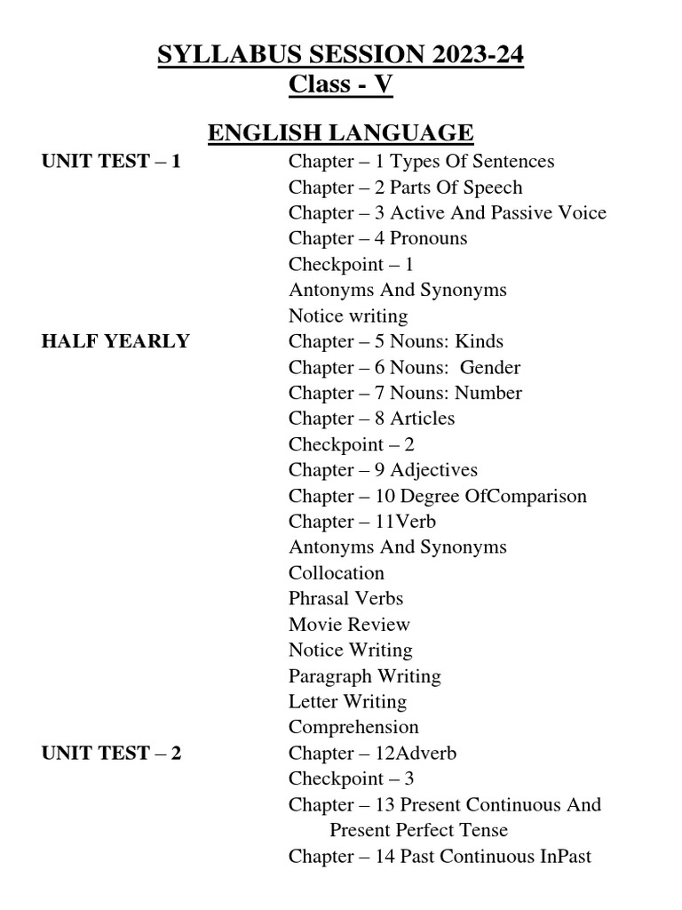 Syllabus Session 2023-24 Class - V: English Language | PDF
