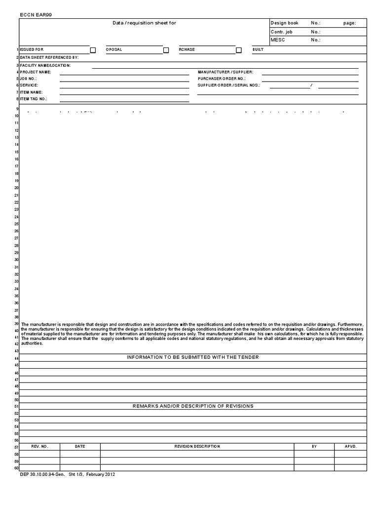 Data / Requisition Sheet For Eccn Ear99 Design Book No. Contr. Job No
