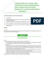 Décret N°94259pm Du 31 Mai 1994 Portant Création D'une Commission Nationale Consultative Pour L'environnement Et Le Développement Durable