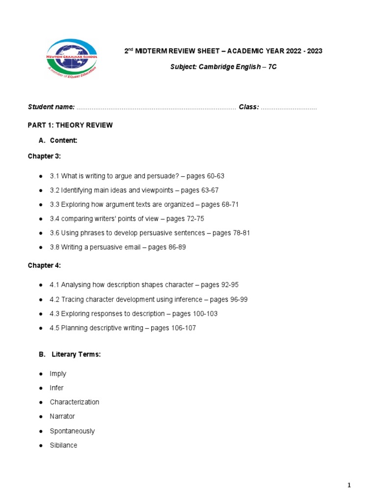La 7C Review Sheet M2 22-23 | PDF | Americas | Reading Comprehension
