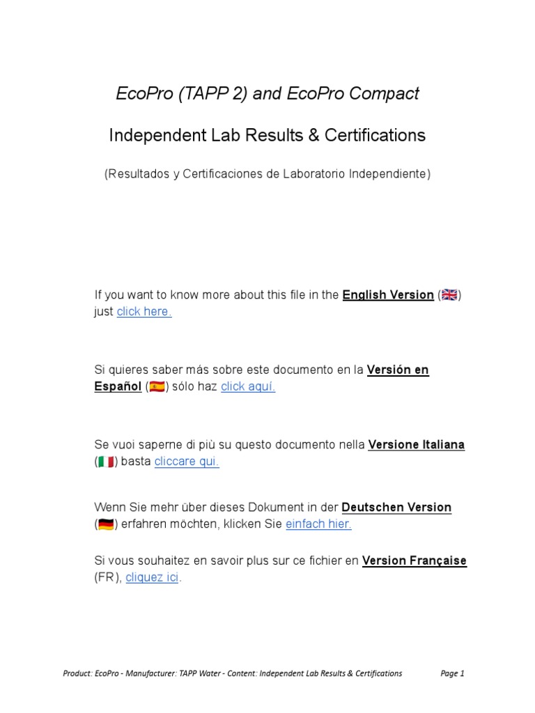 EcoPro and EcoPro Compact Lab Results Certifications ENG ES IT DE FR ...