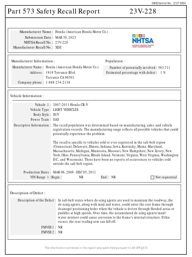 NHTSA Honda CRV Recall PDF National Highway Traffic Safety