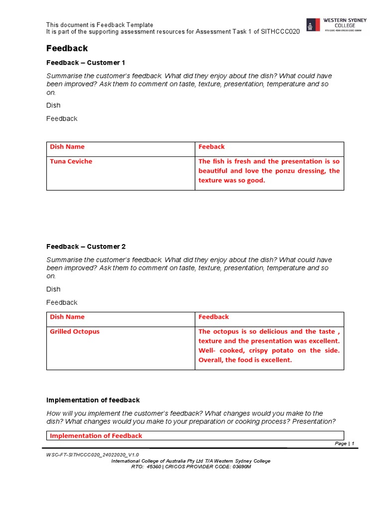 Customer Feedback on Dishes | PDF | Wellness