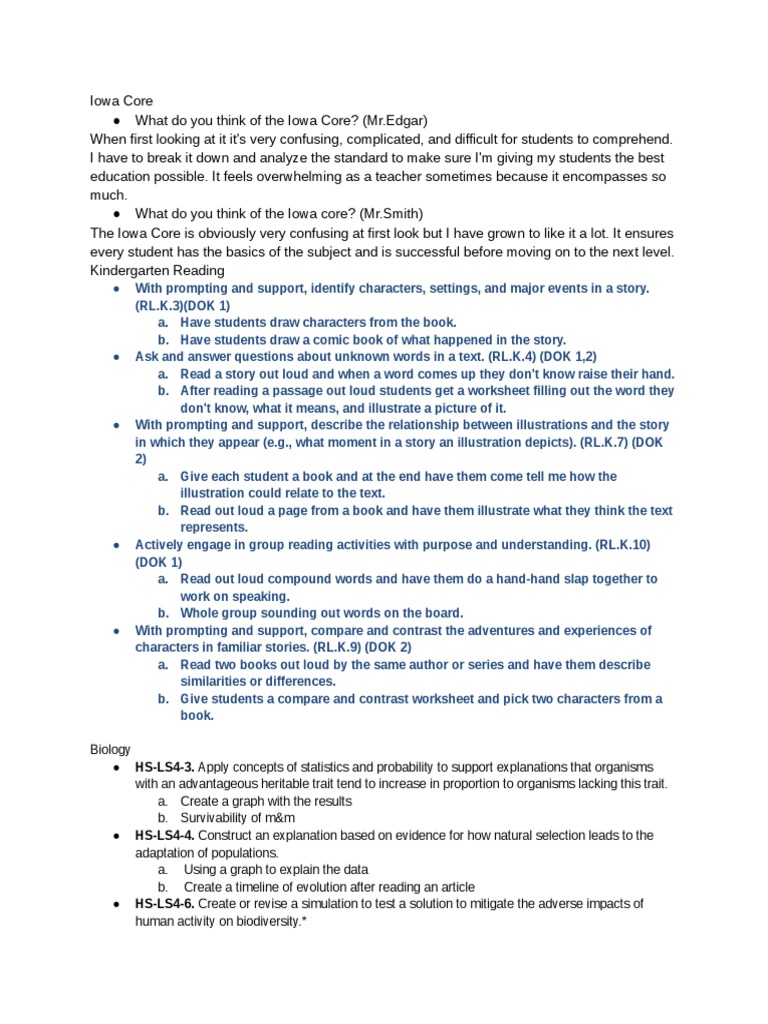 Iowa Core PDF Evolution Natural Selection
