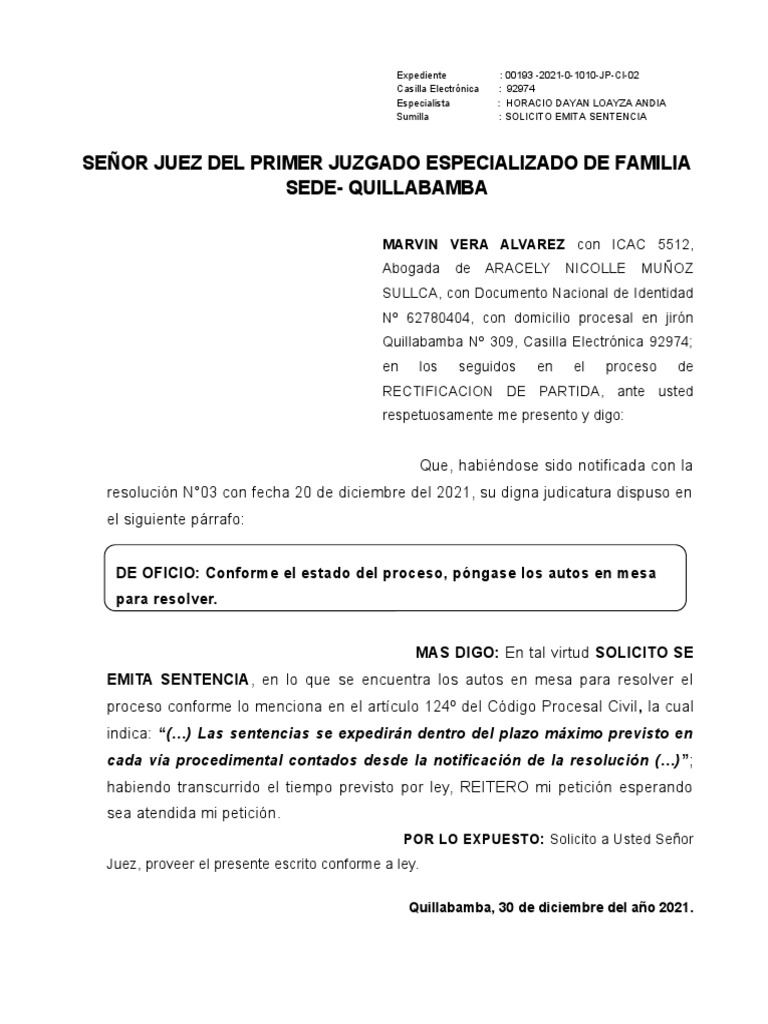 Solicito Se Emita Sentencia A Su Despacho | PDF