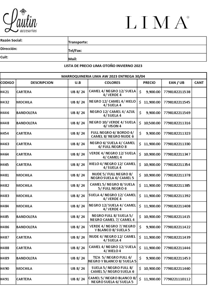 Lista de Precio Lima Otoño Invierno 2023 PDF Procesamiento de imágenes Sistema visual