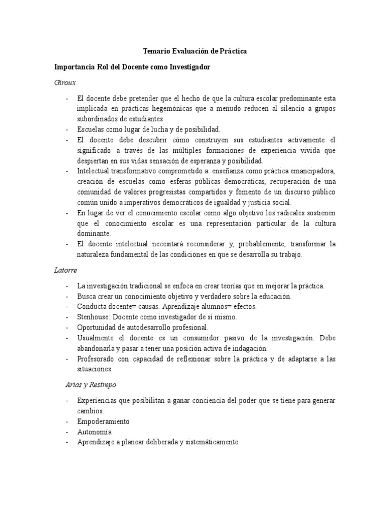 Giroux Temario Evaluación de Práctica Importancia Rol Del Docente Como