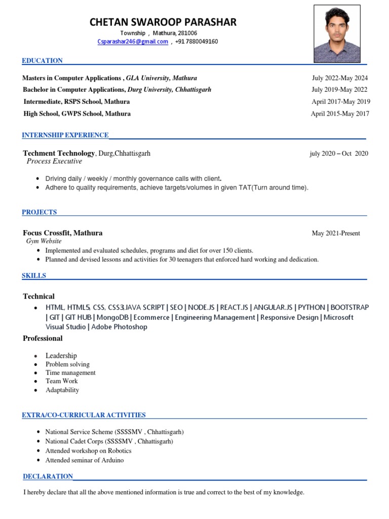 Resume of chetan swaroop parashar with education skills and experience