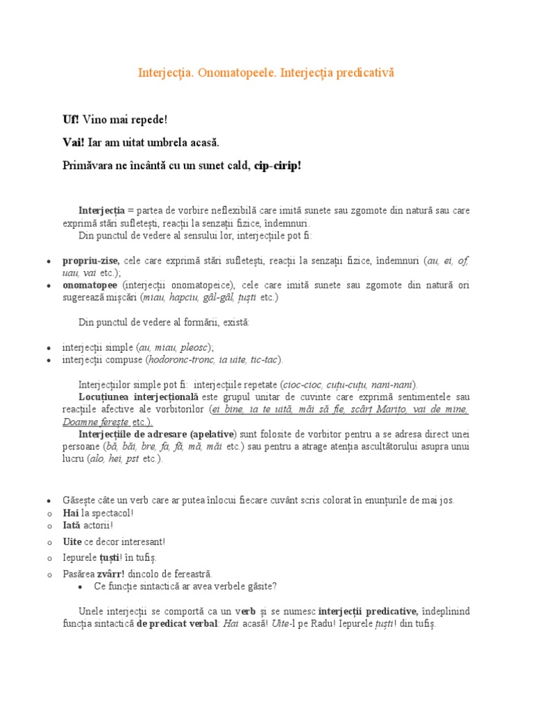 Interjecția. Onomatopeele. Interjecția Predicativă | PDF