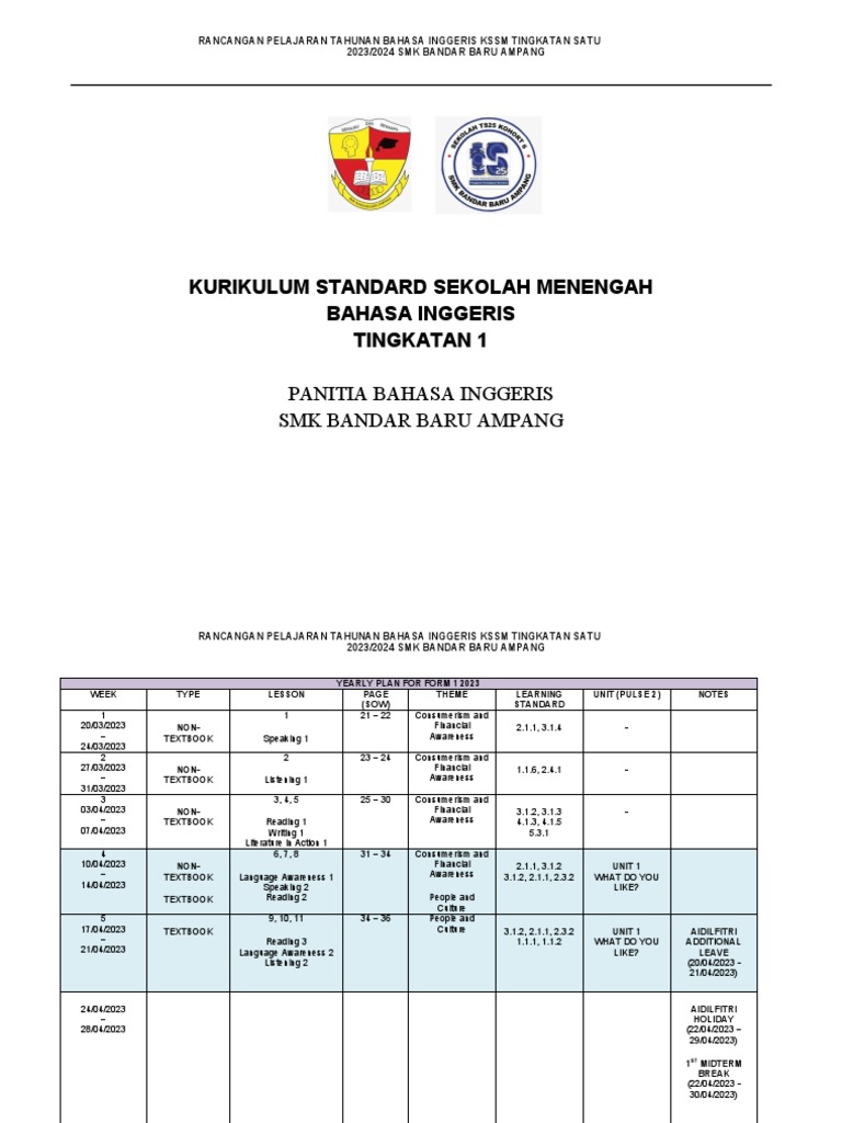 RPT Form 1 English 2023/2024 | PDF