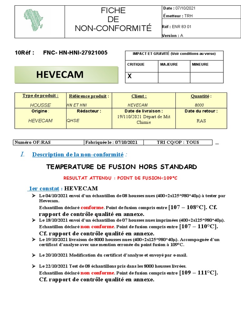 Non-conformité des housses HEVECAM | PDF