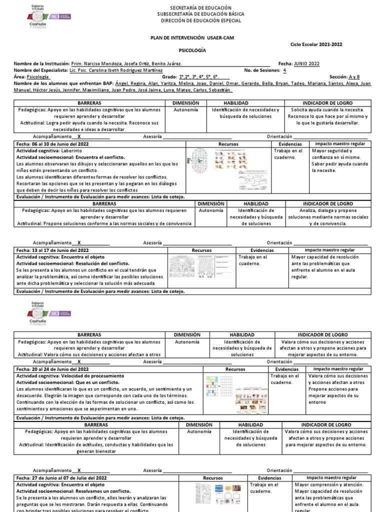 Plan de Intervención Psicológica Escolar | PDF | Evaluación | Aprendizaje
