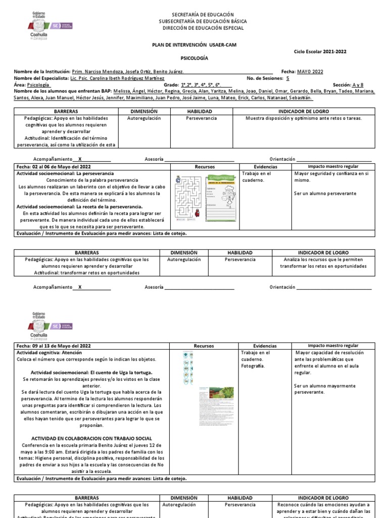 Plan de Intervención Psicológica Escolar | PDF | Evaluación | Las emociones