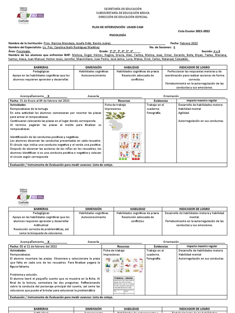 Plan de Intervencion Primaria Febrero | PDF | Autoestima | Las emociones