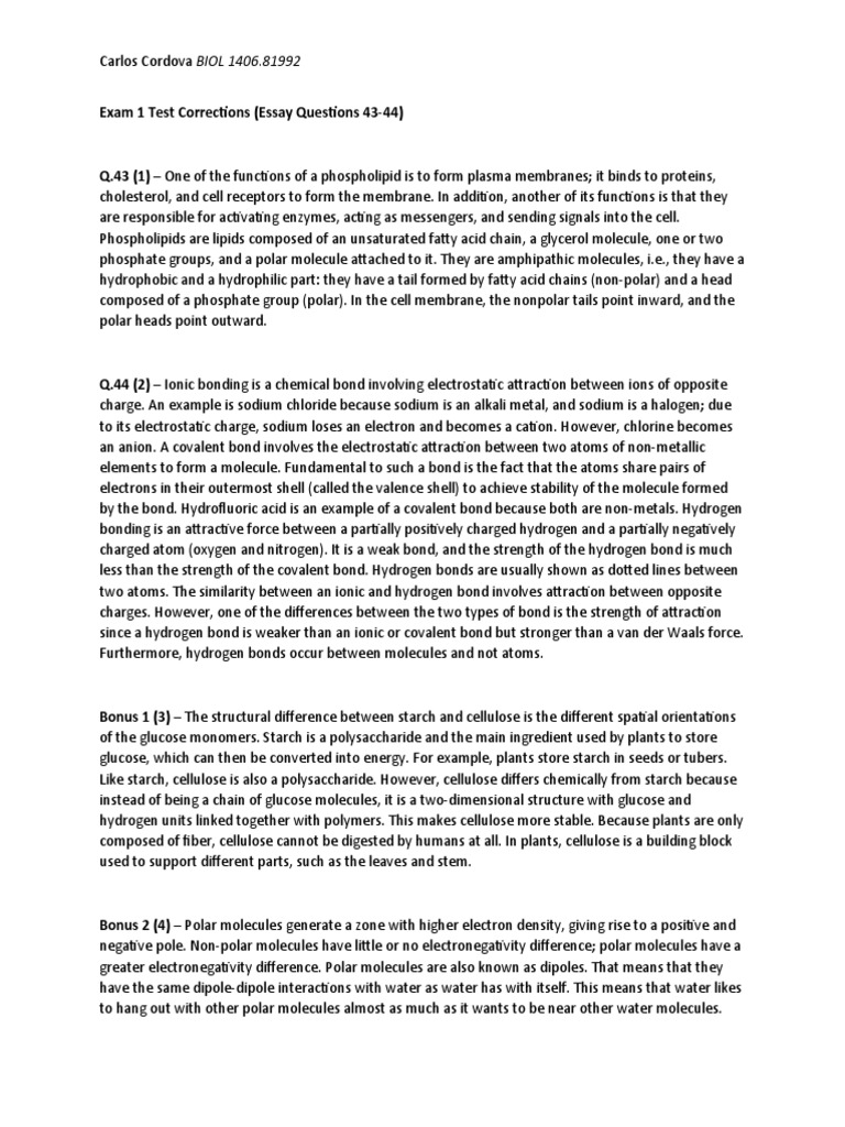 BIOL 1406 Exam 1 Test Corrections | PDF