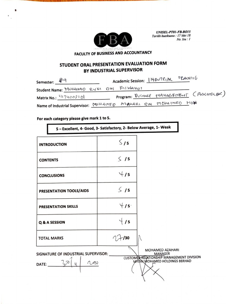 Student Oral Presentation Evaluation Form by Industrial Supervisor ...