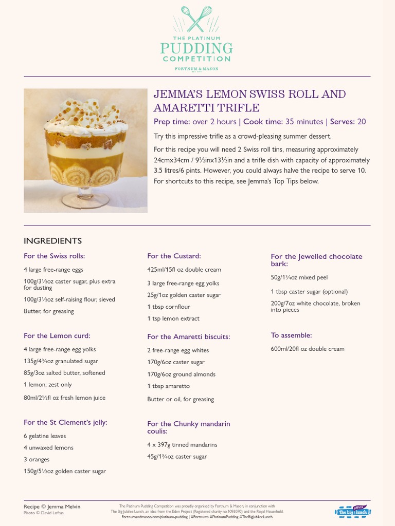 Jemmas Lemon Swiss Roll Amarettii Trifle | PDF | Custard | Cuisine