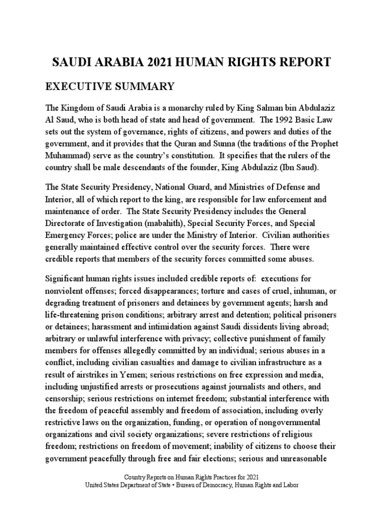 Saudi Arabia 2021 Human Rights Report Executive Summary PDF Remand