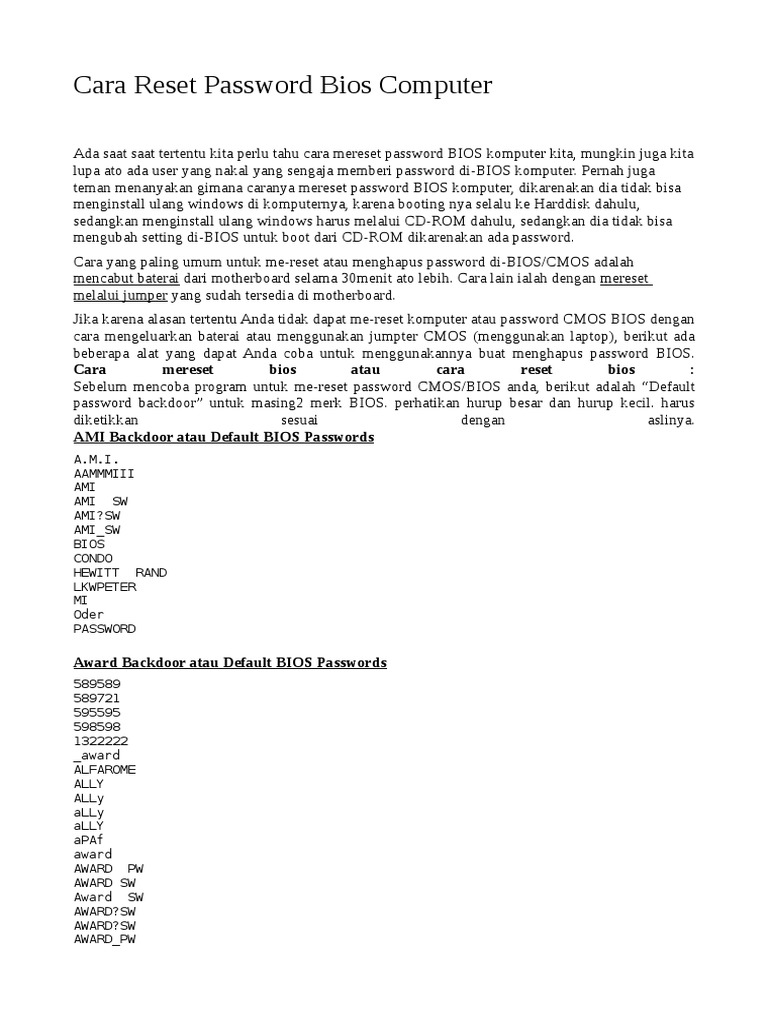 Cara Reset Password BIOS Komputer | PDF
