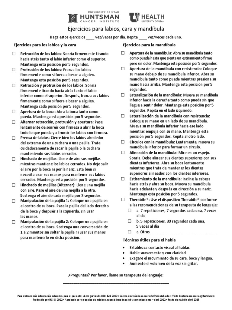 Lip Face and Jaw Exercises Spanish PDF Boca