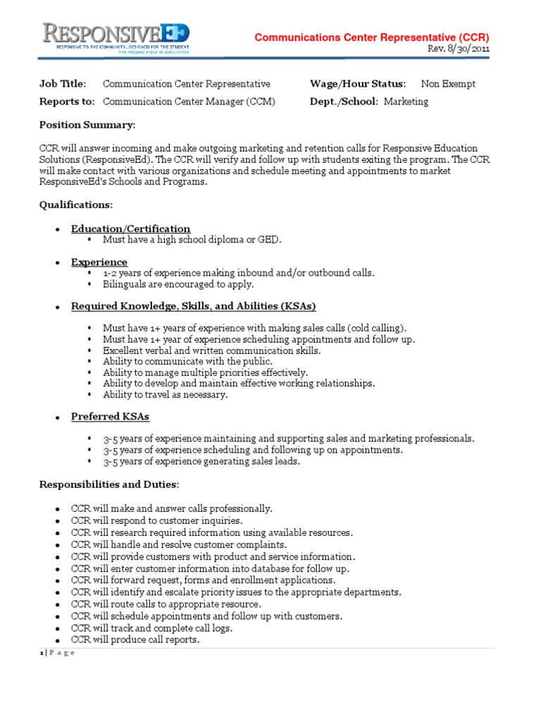 Communication Center Rep Job Description 8-30-2011 | PDF | Employment ...