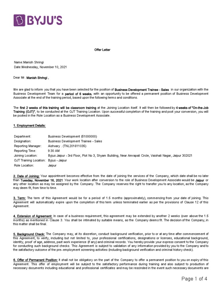 Offer Letter PDF Indemnity Expense