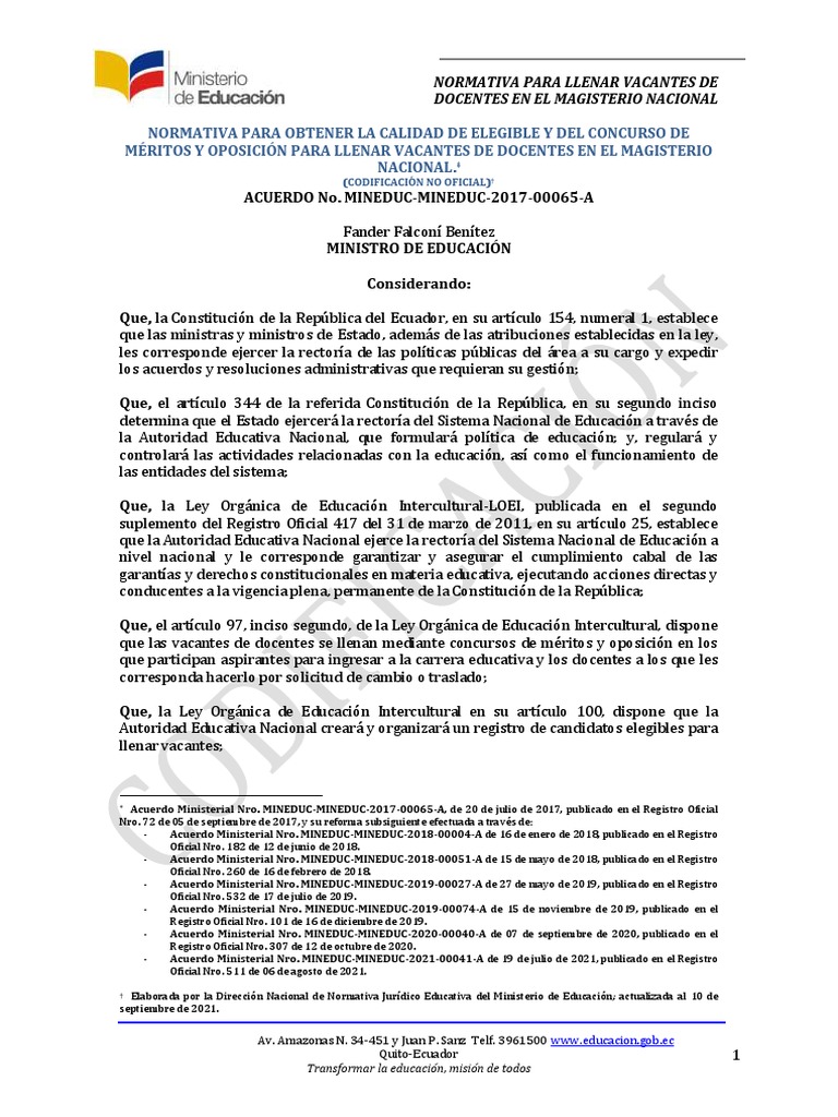 Normativa para Vacantes Docentes Quito | PDF | Ministerio (Departamento ...