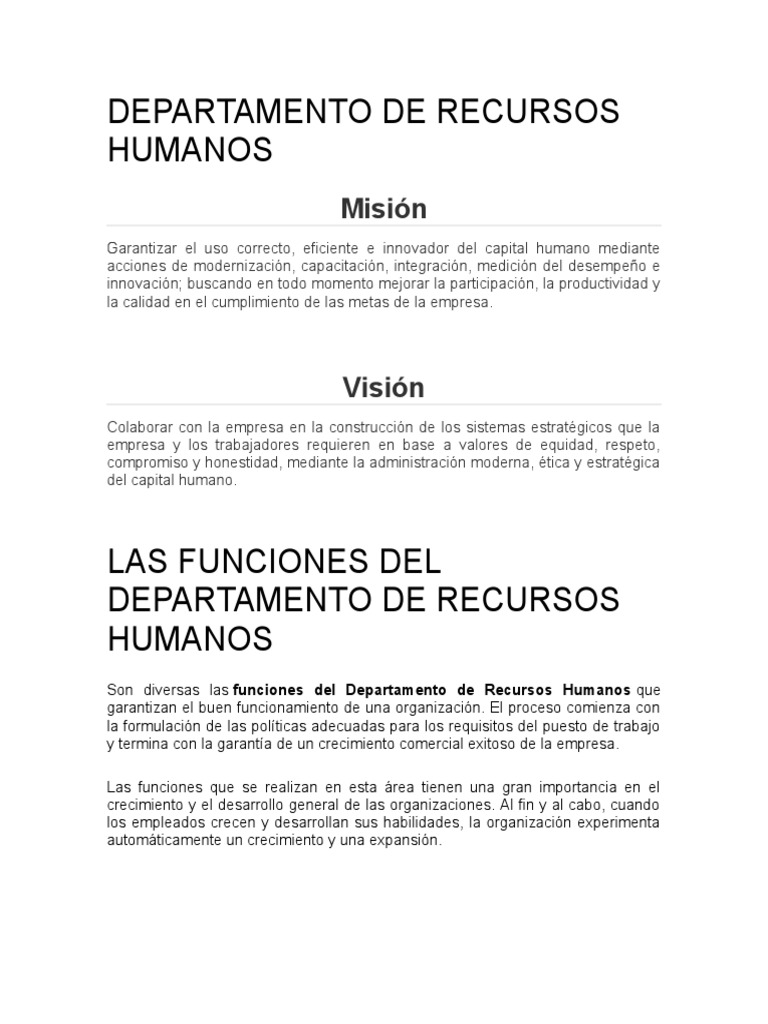 Funciones Del Departamento De Recursos Humanos Pdf Gestión De