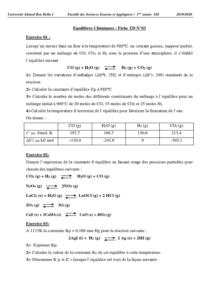 Exercices sur l'Équilibre Chimique | PDF | Équilibre chimique ...