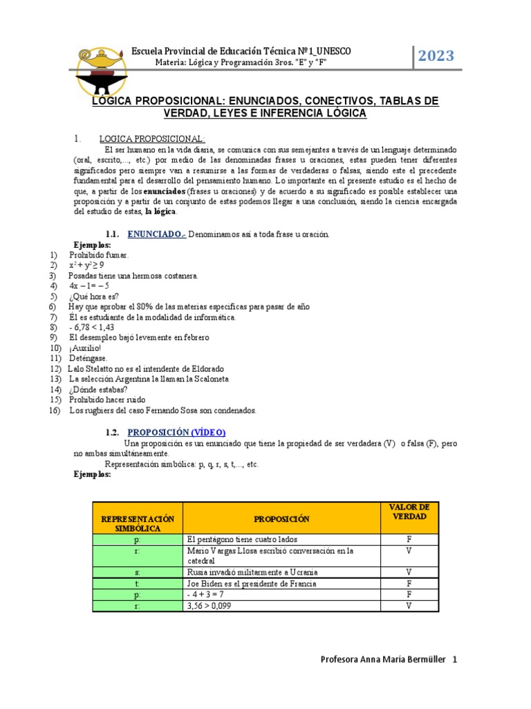 Lógica Proposicional Enunciados, Conectivos, Tablas de Verdad, Leyes E