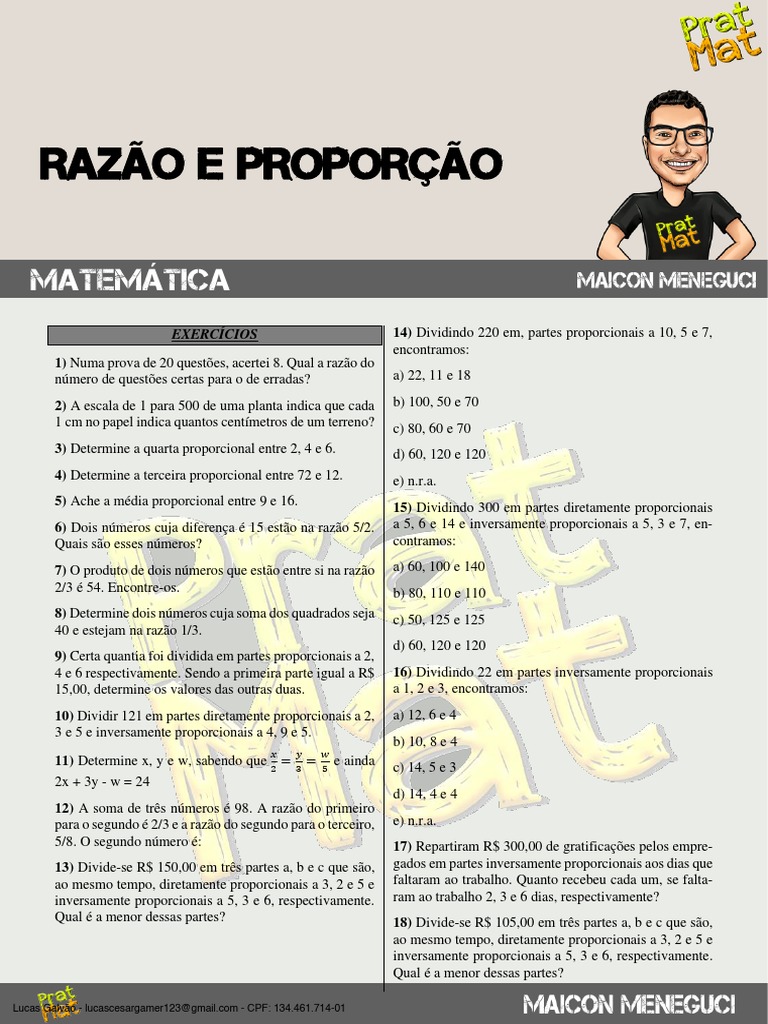 Exercícios de Razão e Proporção 7º Ano | PDF | Métodos e Materiais de ...