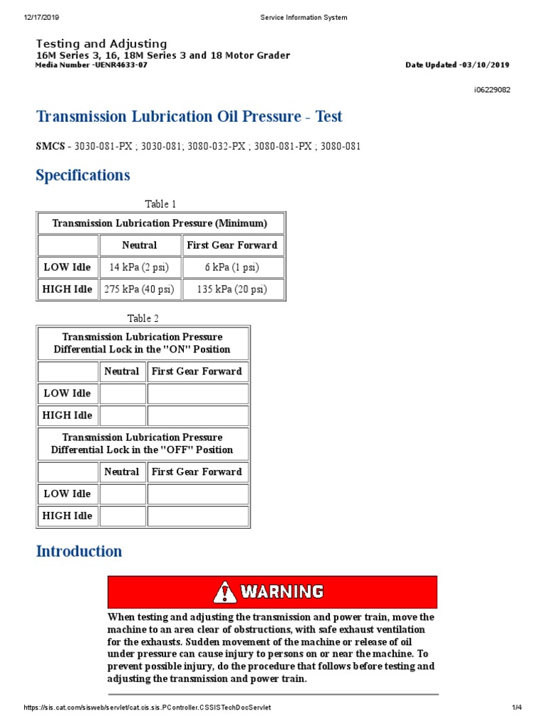 Transmission Lubrication Oil Pressure Test Table 1 PDF Pressure