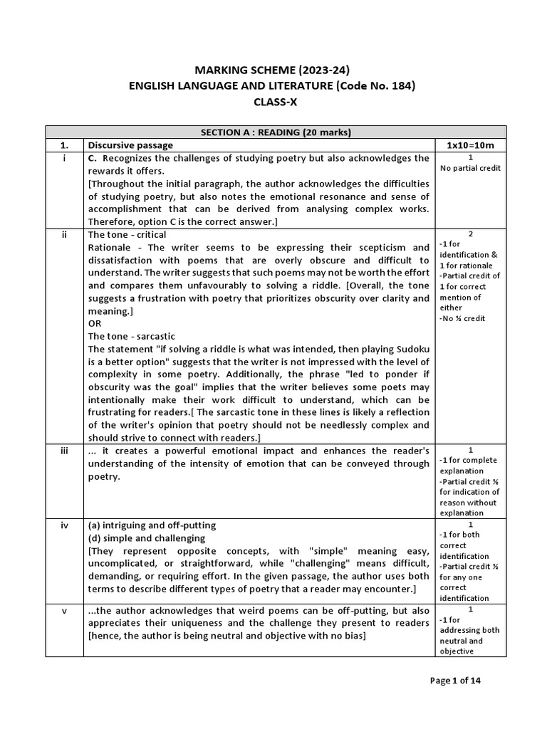 MARKING SCHEME (202324) English Language and Literature (Code No. 184
