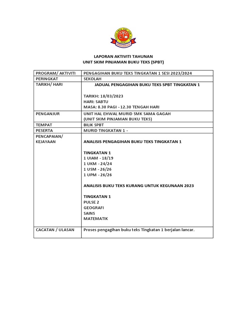 Laporan Aktiviti Tahunan Unit Skim Pinjaman Buku Teks (SPBT) | PDF