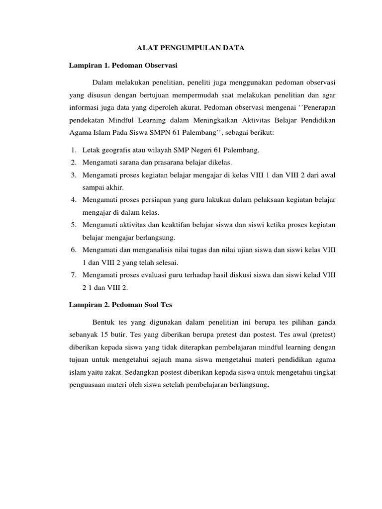 Pedoman Observasi Mindful Learning SMPN 61 | PDF