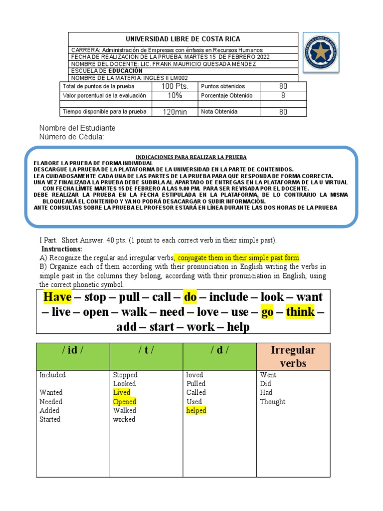 Examen 2 de Inglés II - Universidad Libre | PDF