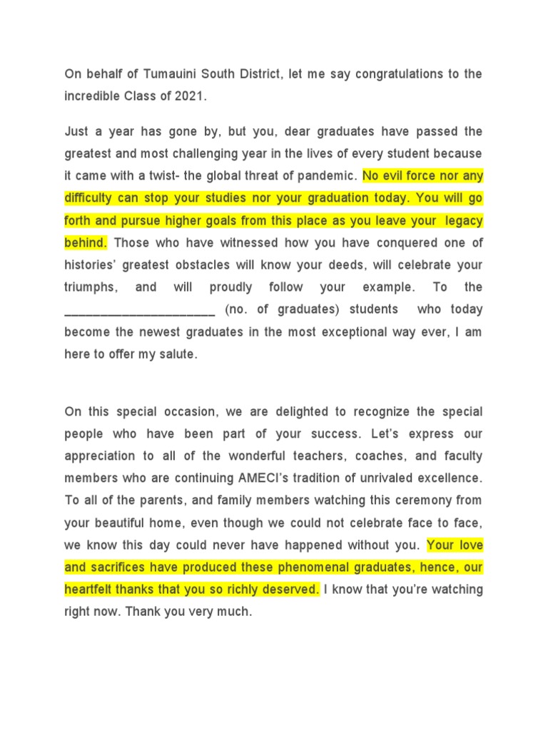Graduation Message for Class of 2021 | PDF | Social Science | Wellness