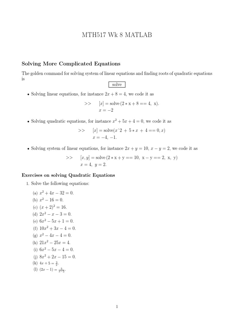 Solving Systems of Linear and Quadratic Equations Using MATLAB | PDF ...
