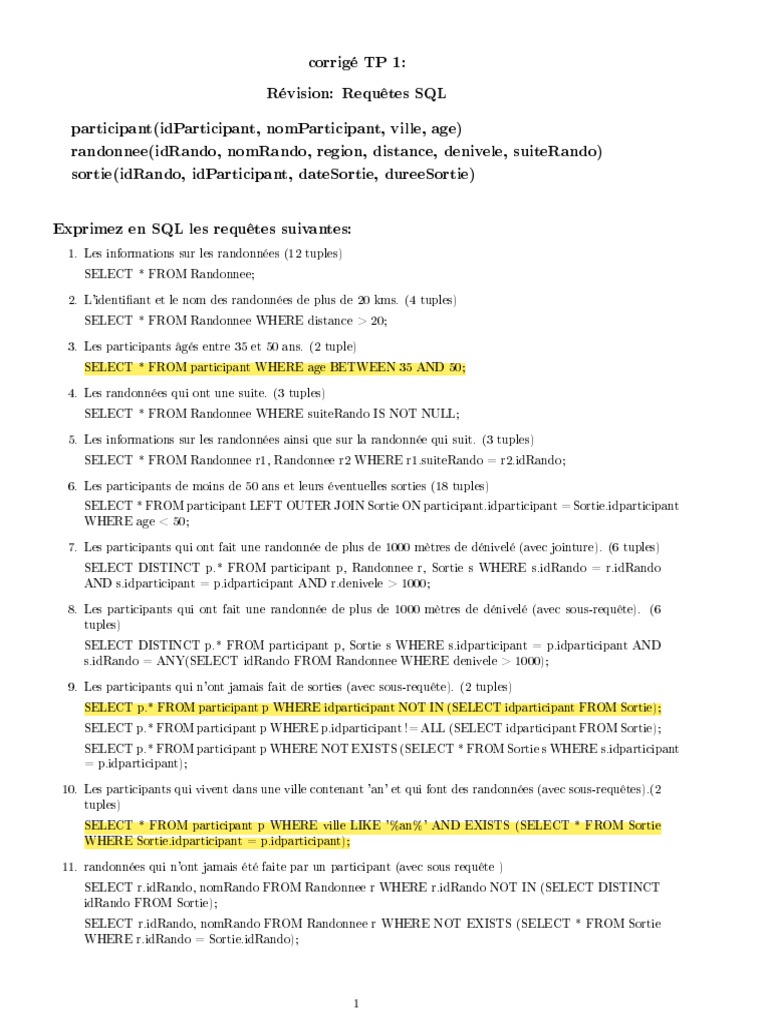 Requêtes SQL et Optimisations pour Randonnées et Participants | PDF ...