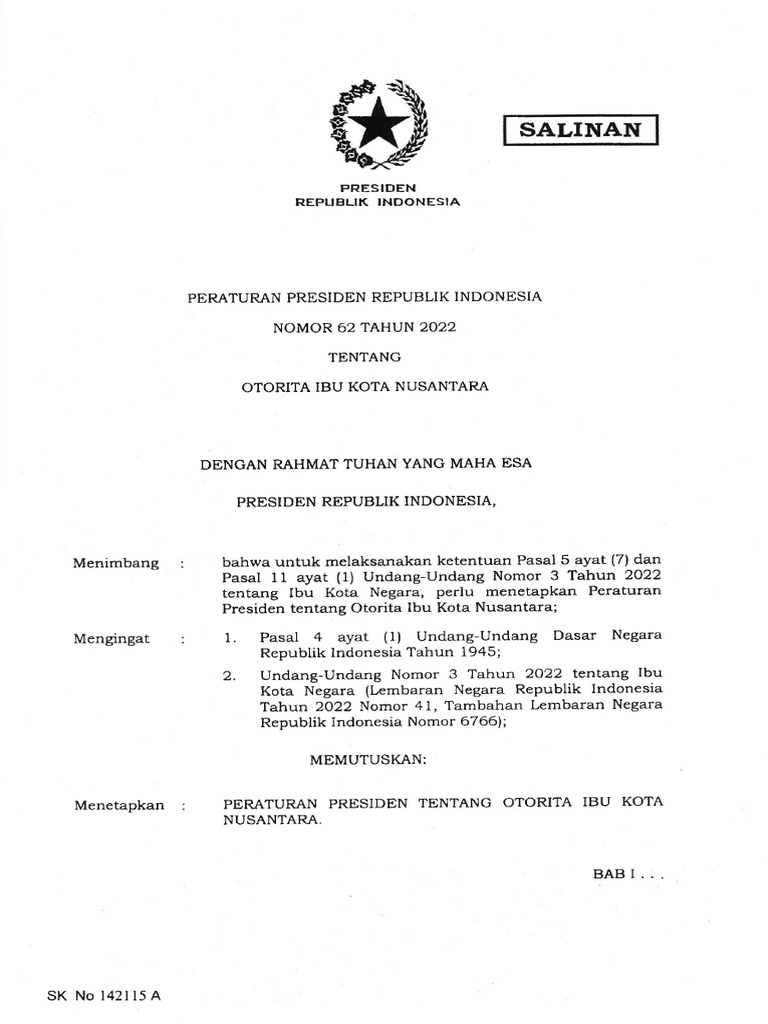 Perpres No. 62 Tahun 2022 - Otorita IKN | PDF