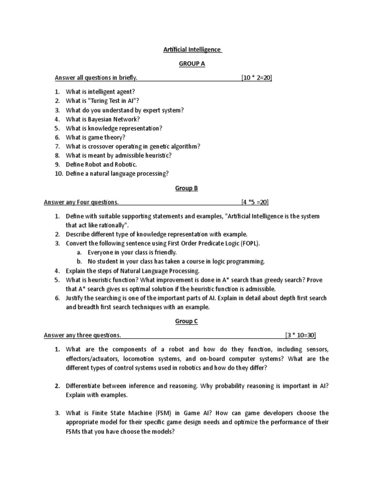 Artificial intelligence question set pdf intelligence ai