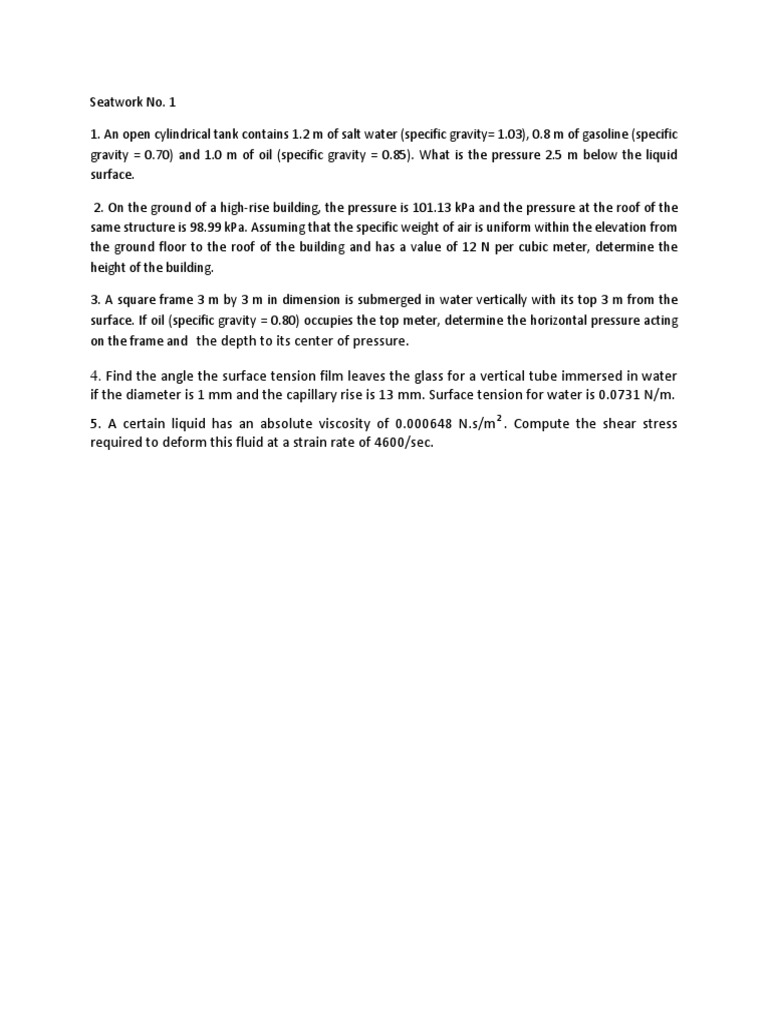 Fluid Mechanics Pressure Calculations | PDF