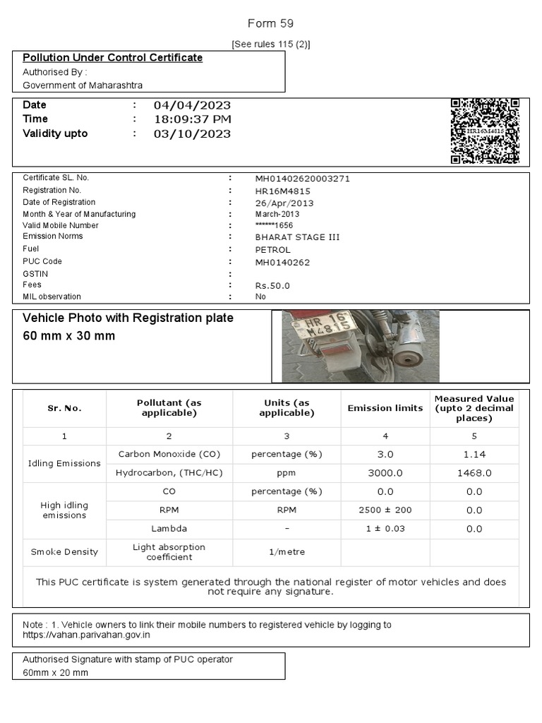 Pollution Under Control Certificate For Two Wheeler
