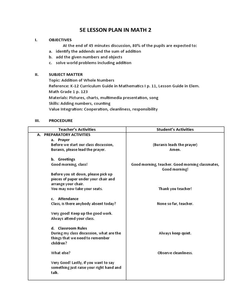 5 E's MATH | PDF | Teachers | Lesson Plan