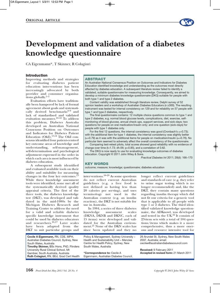 Development and Validation of A Diabetes Knowledge Questionnaire | PDF ...