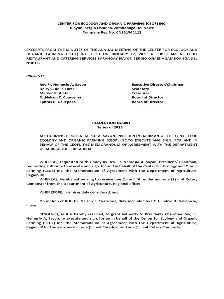 CEOF Inc. Meeting Minutes & Resolutions | PDF | Agriculture