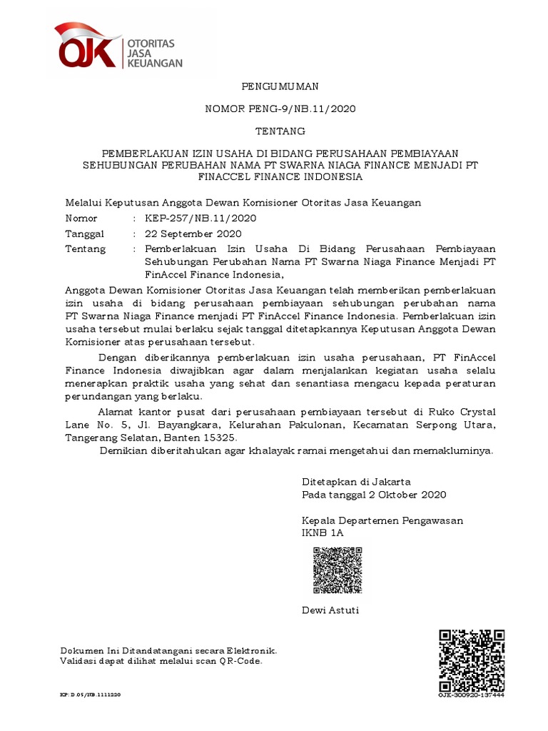 Izin Usaha PT FinAccel Finance Indonesia | PDF