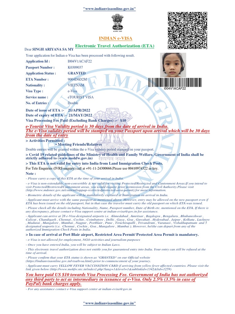 Electronic Travel Authorization (ETA) Indian EVisa PDF Travel