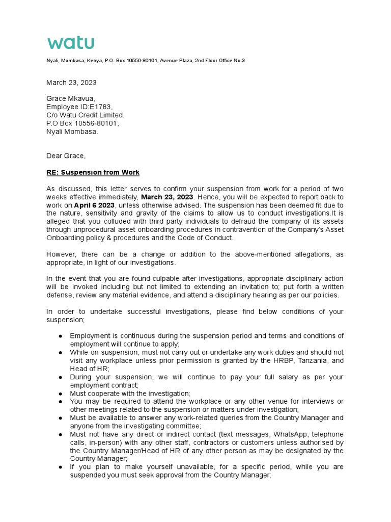 Employee Suspension Notification Letter | PDF | Employment | Business
