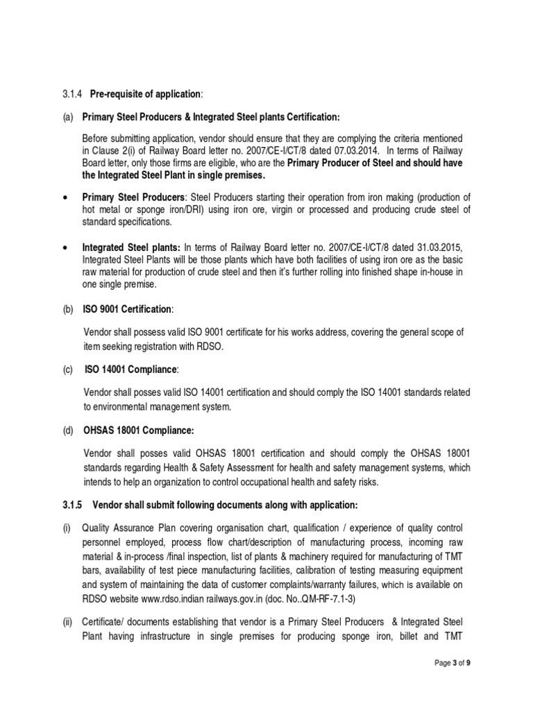 Requirements and documentation for railway supplier certification of